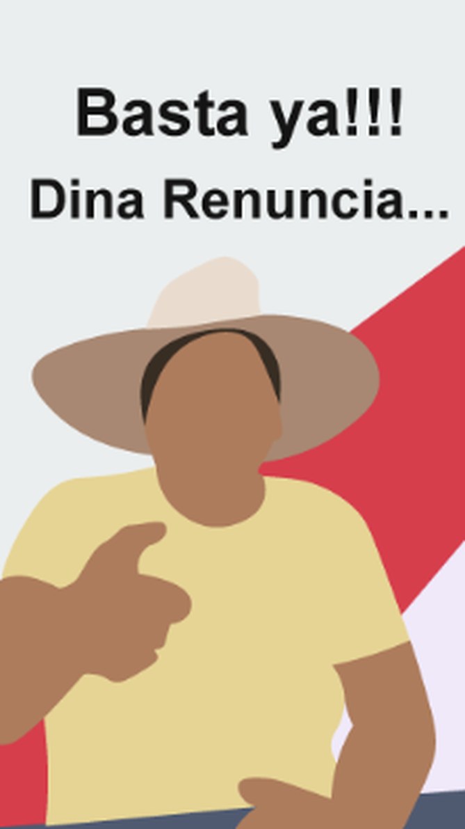 Illustration of a TikTok video: a man in a wide-brimmed hat points at the viewer under the words Basta ya!!! Dina Renuncia. Drawn to protect the creator's identity