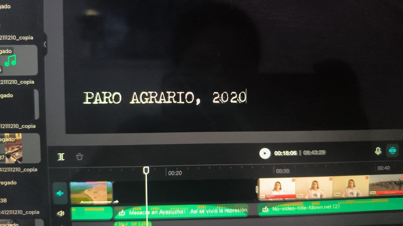 A video editing timeline with the title card Paro agrario, 2020