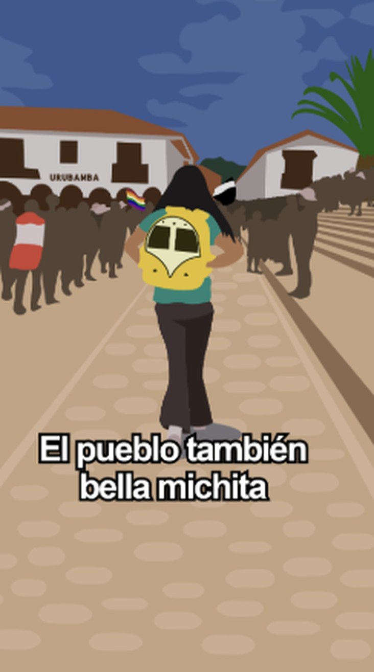 Illustration of a TikTok video: a young woman in a yellow backpack walks down a street in Urubamba between rows of people, with the words El pueblo también bella michita. Drawn to protect the creator's identity
